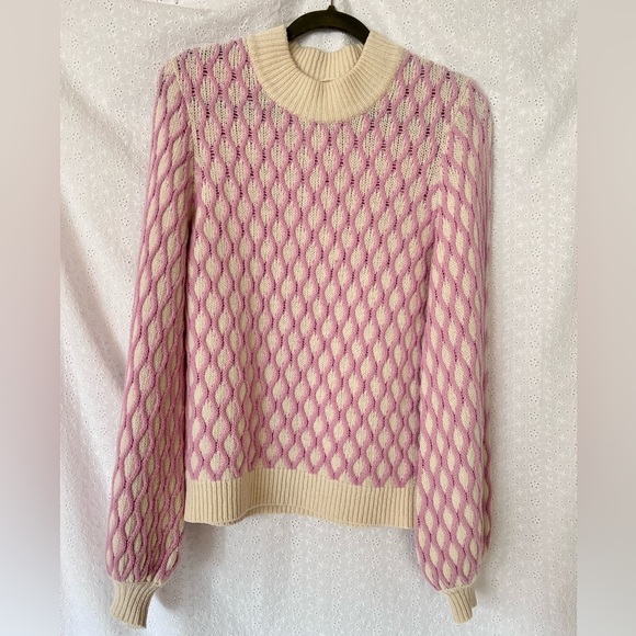 Stine Goya Pink and Cream Cable Knit Puff Sleeve Carlo Contrast Sweater Medium - Picture 2 of 6